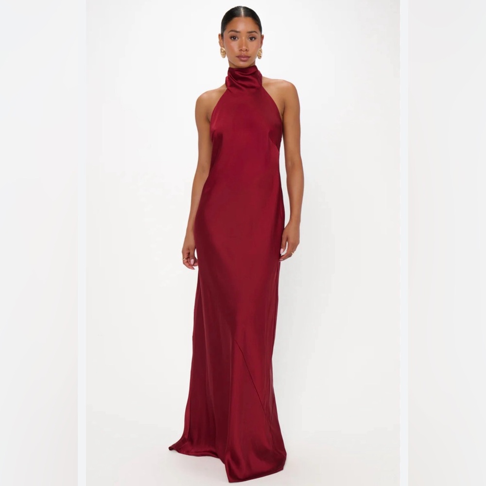 SOLD NWT Commense Burgundy Maroon Halter Maxi Gown Satin Open Back Small